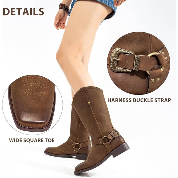 Women's Brown Buckle Strap Wide Calf Square Toe Western Riding Cowgirl Boots - Picture 3 of 9